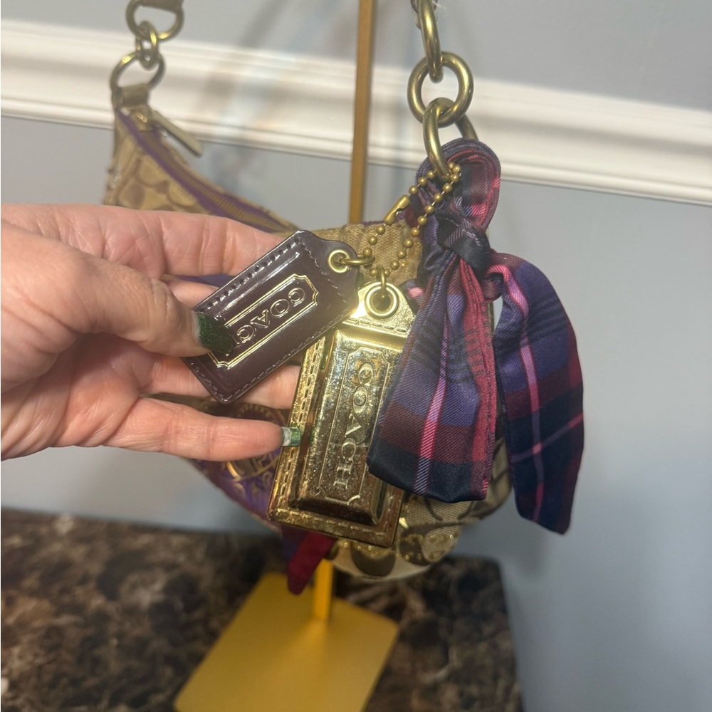 Coach Poppy Tartan Appliqué Groovy Shoulder Bag Brown Purple - Picture 8 of 17